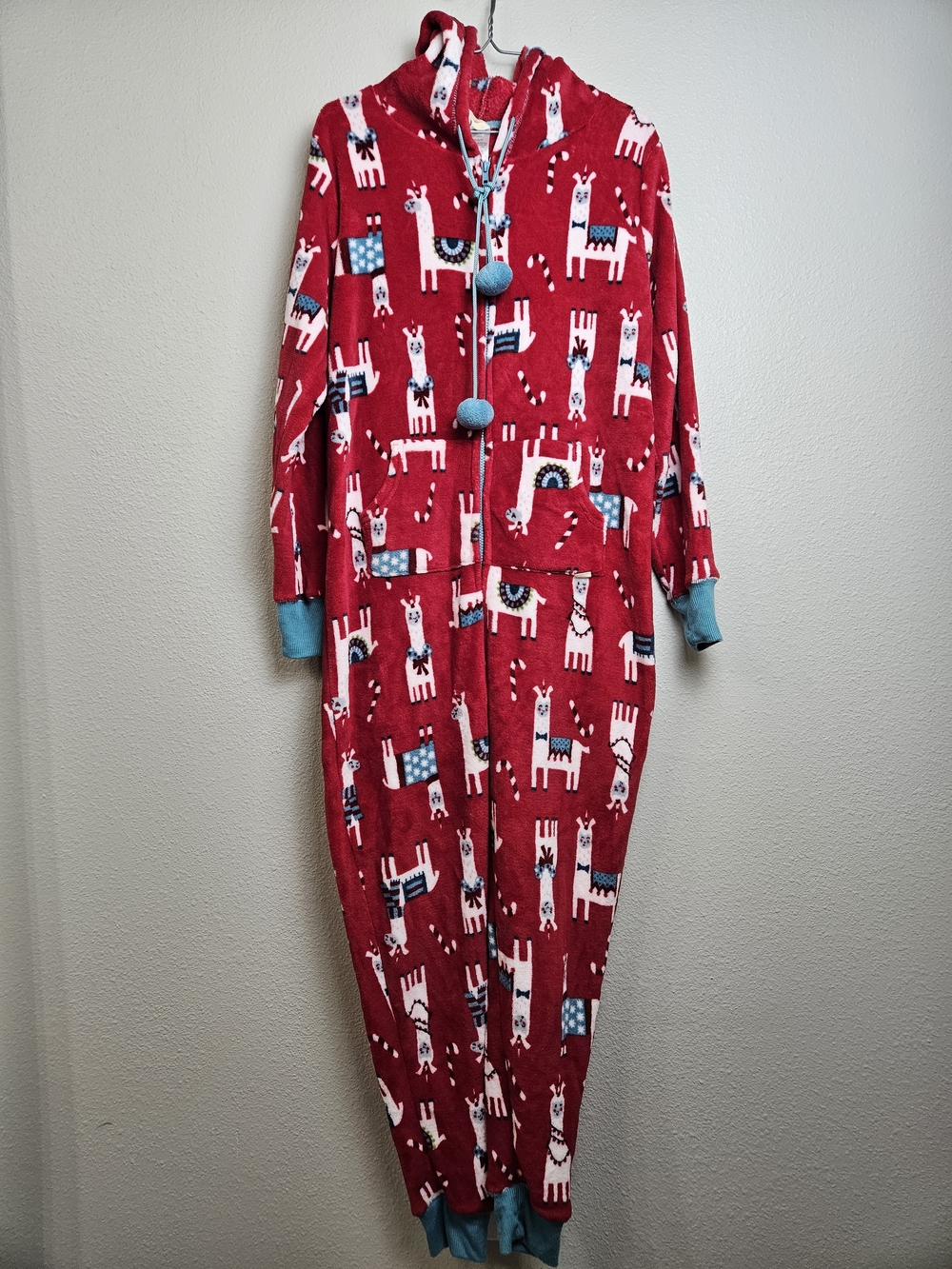 munki munki Red Llama Hooded One-Piece Pajama with Blue Accents Size M
